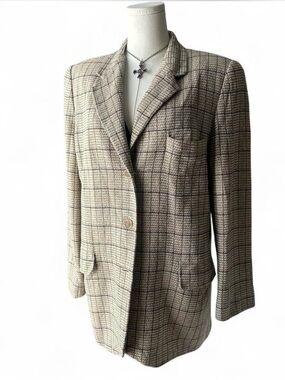 Ellen Tracy Tan Plaid Blazer Silk Wool Blend Long Woman Size 10 Vintage